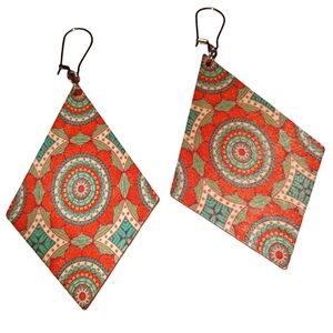 Lotus Flower Big Diamond Mandala Earrings Turquoise Aqua Blue Orange Wood KATTA